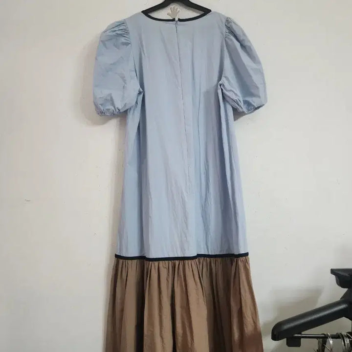 [BUNJANG] Sky Blue Long Dress Puff Sleeve / 하늘색 배색 롱 원피스 퍼프소매