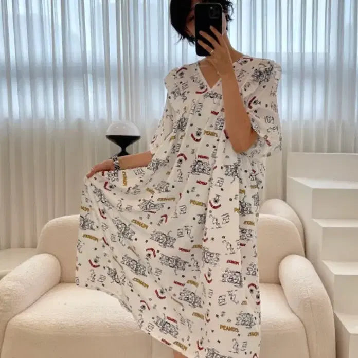 [BUNJANG] Snoopy Pattern White One-Piece Pajamas / 스누피 패턴 원피스 잠옷