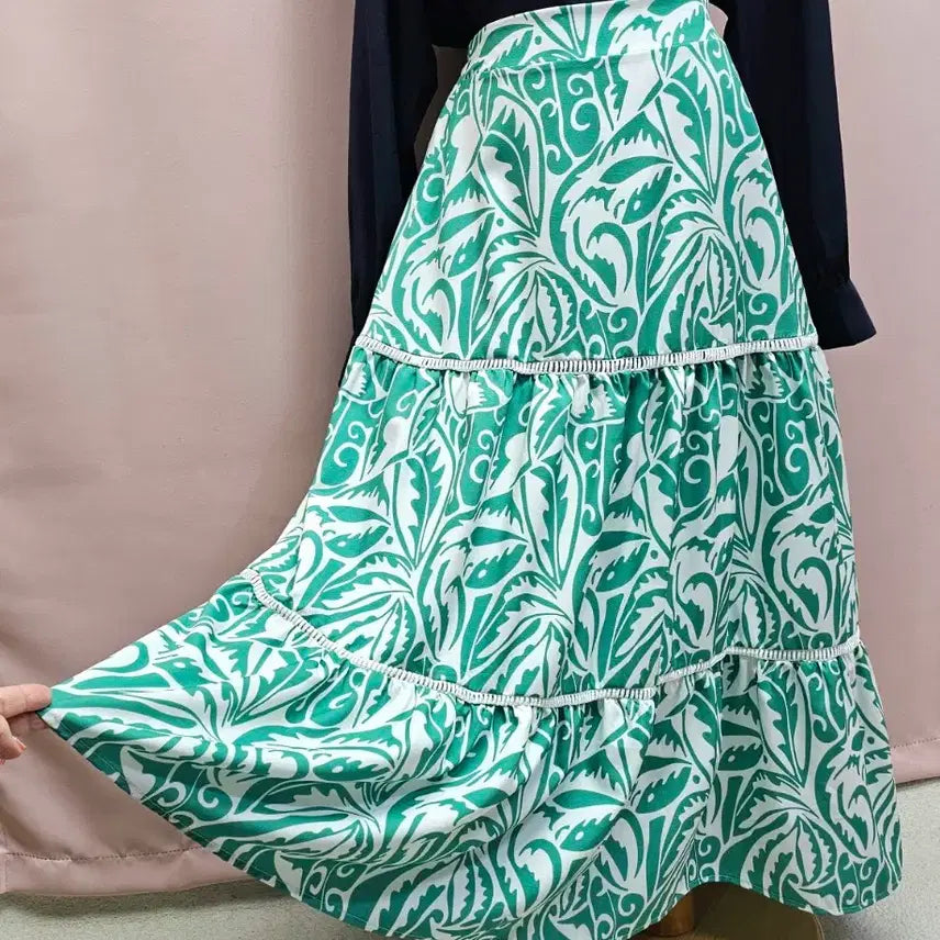 [BUNJANG] Green Pattern Long Skirt / 그린 패턴 롱스커트
