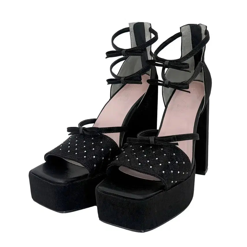 [BUNJANG] Michel Macaron Satin Bejeweled Ribbon Platform Sandals / 미셸마카롱 새틴 비쥬 리본 통굽 샌들