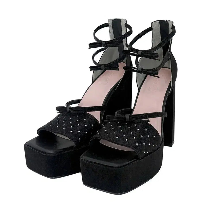 [BUNJANG] Michel Macaron Satin Bejeweled Ribbon Platform Sandals / 미셸마카롱 새틴 비쥬 리본 통굽 샌들