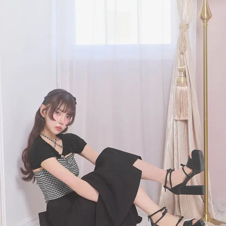 [BUNJANG] Michel Macaron Satin Bejeweled Ribbon Platform Sandals / 미셸마카롱 새틴 비쥬 리본 통굽 샌들