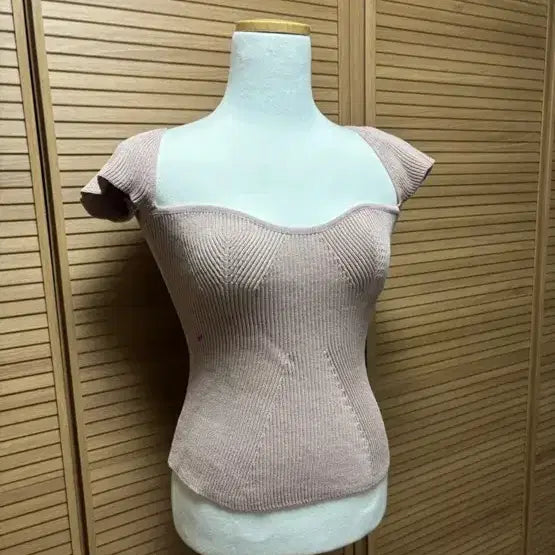 [BUNJANG] Pink Ribbed Knit Top / 핑크 골지 니트 반팔 니트 하트넥 수입의류