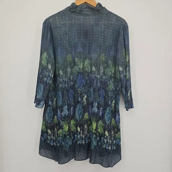 [BUNJANG] Pleated Tunic Blue Green Pattern Blouse / 플리츠 튜닉 블루 그린 패턴 블라우스