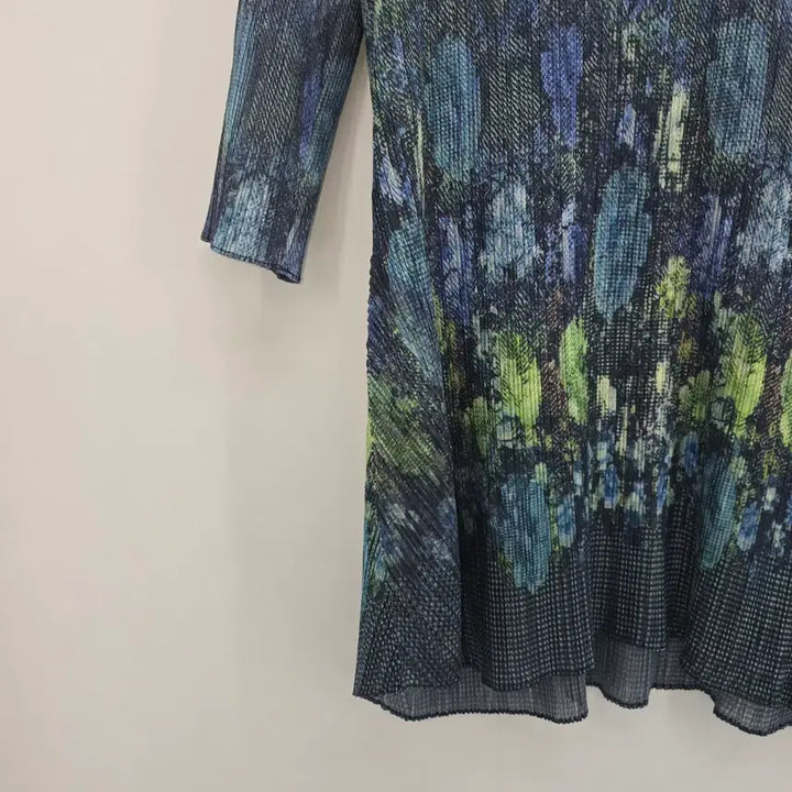 [BUNJANG] Pleated Tunic Blue Green Pattern Blouse / 플리츠 튜닉 블루 그린 패턴 블라우스