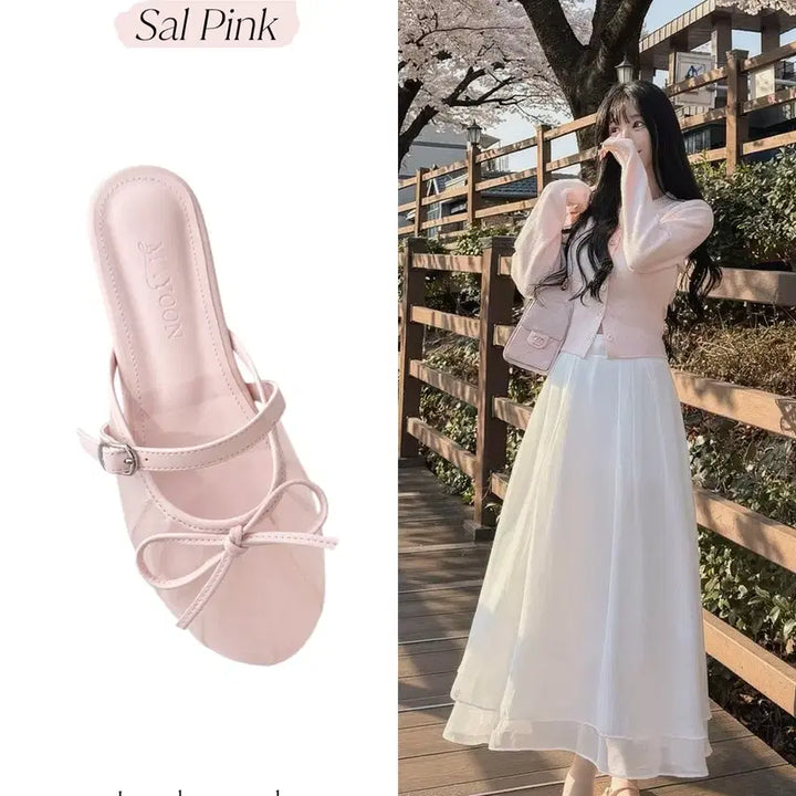 [SOLD OUT] 메이윤 시스루 리본 플랫 뮬 살핑크 245size 새상품
