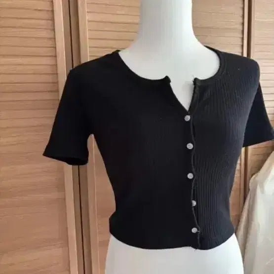 [BUNJANG] Black Cropped Knit Cardigan / 블랙 반팔 니트 가디건 크롭 수입의류