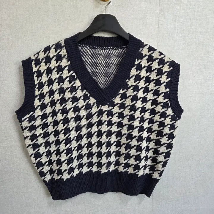 [BUNJANG] JJ1072 Houndstooth V-Neck Knit Vest / 여성 하운드투스 V넥 니트 조끼 F JJ1072