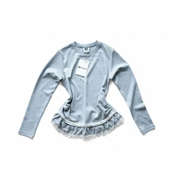 [BUNJANG] Mihev Double Lace Shirring Long Sleeve Pastel Blue / 새상품) 미헤브 더블 레이스 셔링 롱슬리브 파스텔 블루