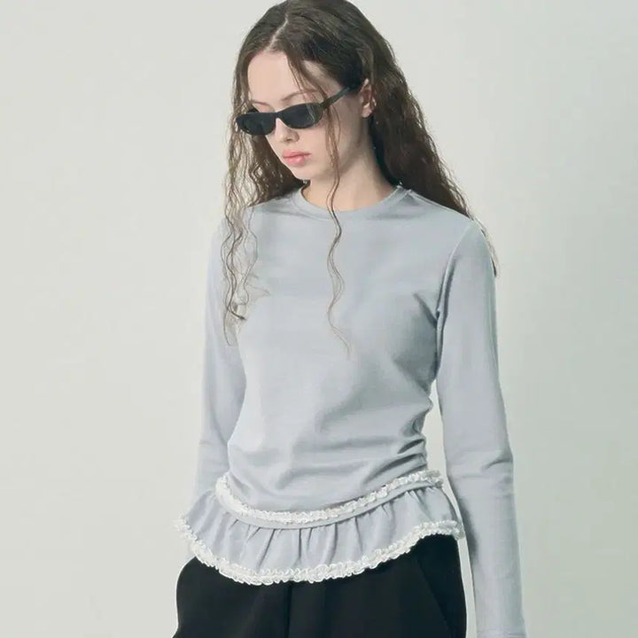 [BUNJANG] Mihev Double Lace Shirring Long Sleeve Pastel Blue / 새상품) 미헤브 더블 레이스 셔링 롱슬리브 파스텔 블루