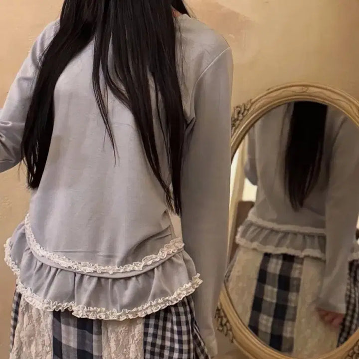 [BUNJANG] Mihev Double Lace Shirring Long Sleeve Pastel Blue / 새상품) 미헤브 더블 레이스 셔링 롱슬리브 파스텔 블루