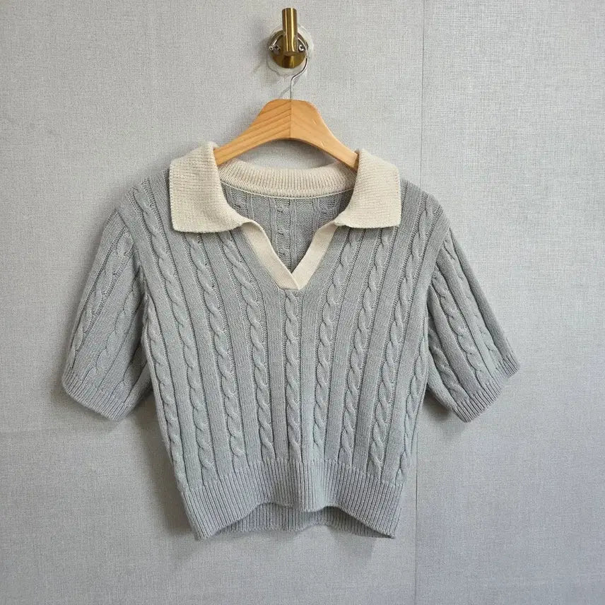 [BUNJANG] F JJ1074 Cable Knit Crop Top / 여성 케이블 니트 반팔 크롭 카라티  F JJ1074