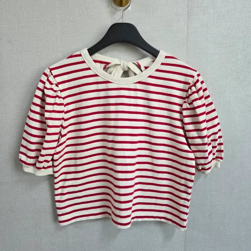 [BUNJANG] JJ1075 Red Striped Short Sleeve T-shirt / 여성 레드 스트라이프 반팔 티셔츠 백리본 F JJ1075