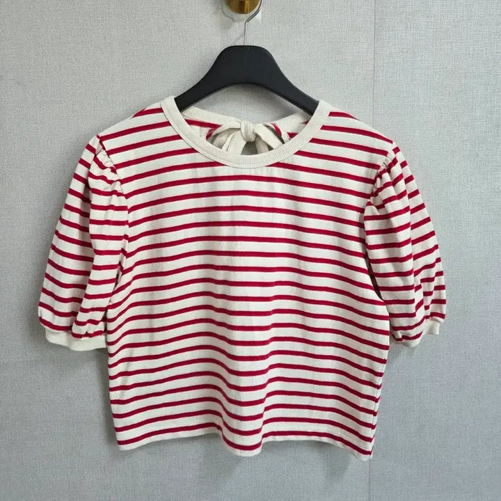 [BUNJANG] JJ1075 Red Striped Short Sleeve T-shirt / 여성 레드 스트라이프 반팔 티셔츠 백리본 F JJ1075