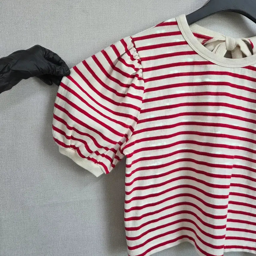 [BUNJANG] JJ1075 Red Striped Short Sleeve T-shirt / 여성 레드 스트라이프 반팔 티셔츠 백리본 F JJ1075