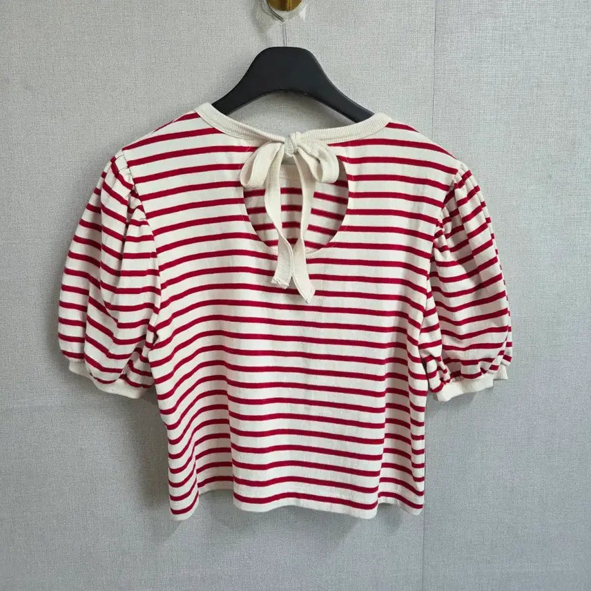 [BUNJANG] JJ1075 Red Striped Short Sleeve T-shirt / 여성 레드 스트라이프 반팔 티셔츠 백리본 F JJ1075