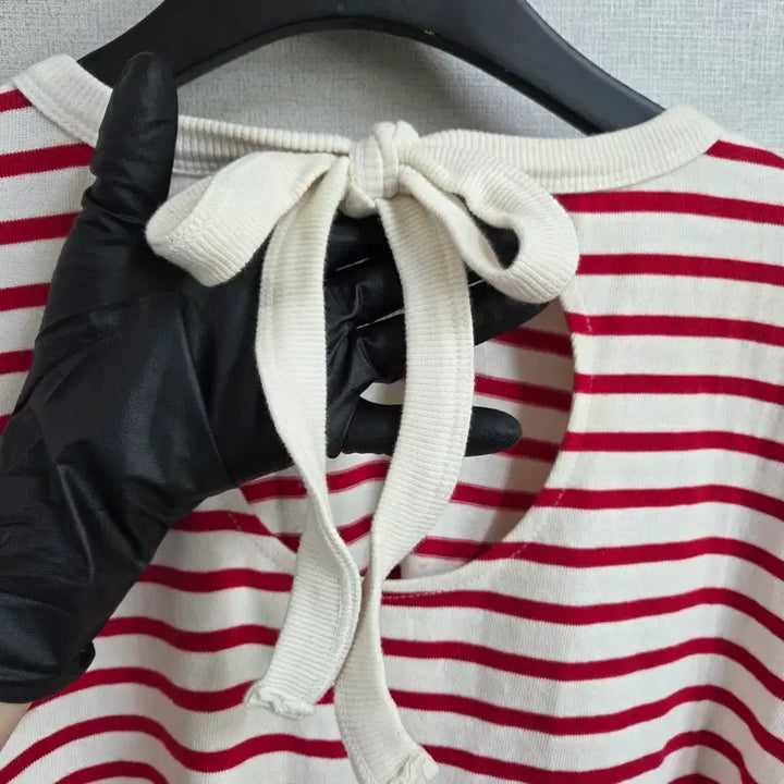 [BUNJANG] JJ1075 Red Striped Short Sleeve T-shirt / 여성 레드 스트라이프 반팔 티셔츠 백리본 F JJ1075