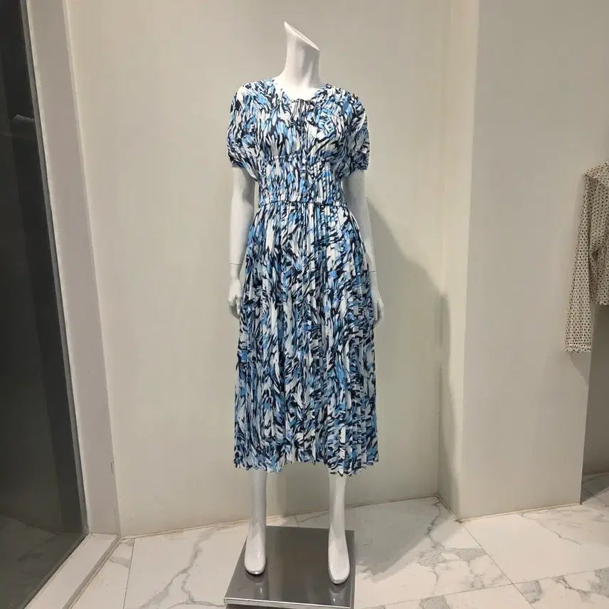 [BUNJANG] Blue Printed Pleated Long Dress / 봄원피스 새상품/핏보장 시원한 블루 나염 플리츠 롱 원피스 | 휴양지룩