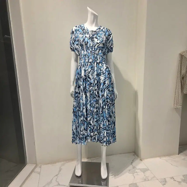 [BUNJANG] Blue Printed Pleated Long Dress / 봄원피스 새상품/핏보장 시원한 블루 나염 플리츠 롱 원피스 | 휴양지룩