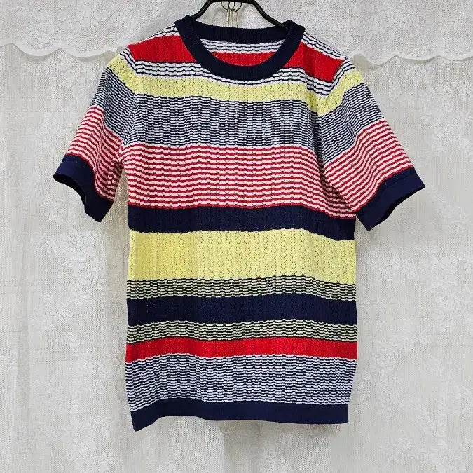 [BUNJANG] Striped Knit Two-Piece Set / 스트라이프 니트 반팔 상의 + 스커트 세트