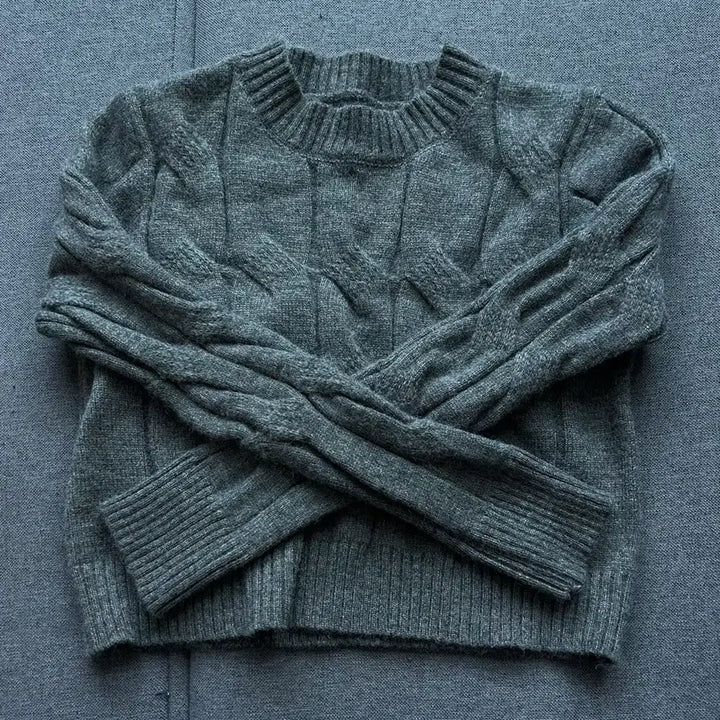 [BUNJANG] Knitted Semi-Crop Long Sleeve Top (Dark Gray) / 새상품) 꽈배기 세미크롭 긴팔 니트 (다크그레이)