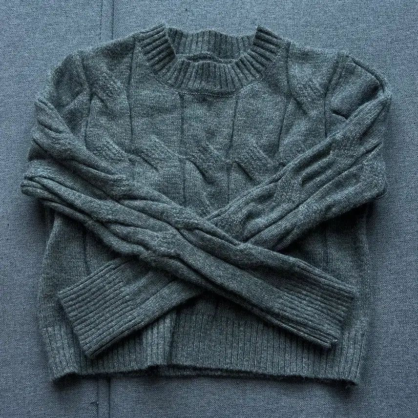 [BUNJANG] Knitted Semi-Crop Long Sleeve Top (Dark Gray) / 새상품) 꽈배기 세미크롭 긴팔 니트 (다크그레이)