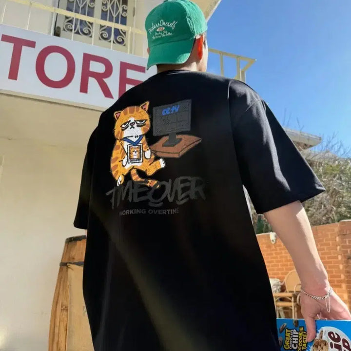 [BUNJANG] Working Overtime Cat T-Shirt / 야근고양이반팔
