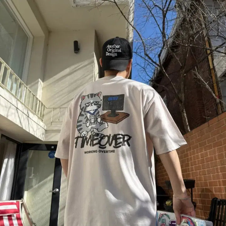 [BUNJANG] Working Overtime Cat T-Shirt / 야근고양이반팔