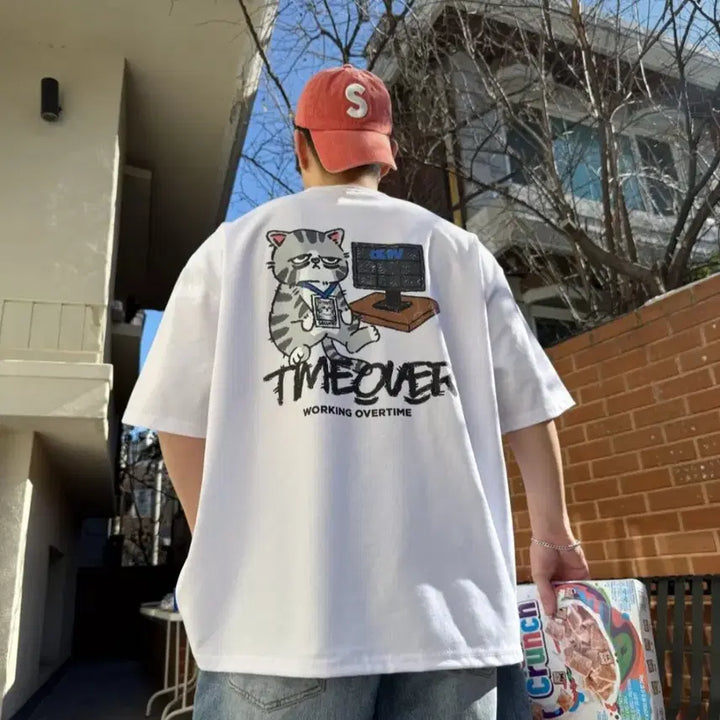 [BUNJANG] Working Overtime Cat T-Shirt / 야근고양이반팔