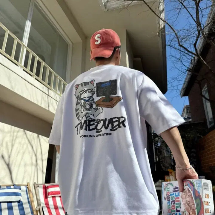 [BUNJANG] Working Overtime Cat T-Shirt / 야근고양이반팔