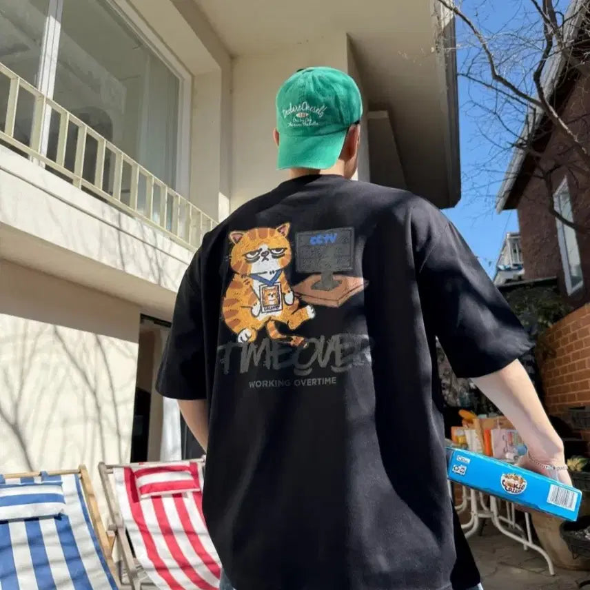 [BUNJANG] Working Overtime Cat T-Shirt / 야근고양이반팔