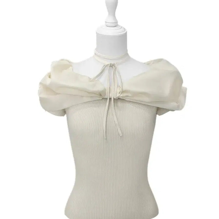 [BUNJANG] Michel Macaron Ribbon Off-Shoulder Short-Sleeve Knit Top / 미셸마카롱 리본 오프숄더 반팔 니트