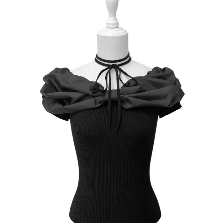 [BUNJANG] Michel Macaron Ribbon Off-Shoulder Short-Sleeve Knit Top / 미셸마카롱 리본 오프숄더 반팔 니트