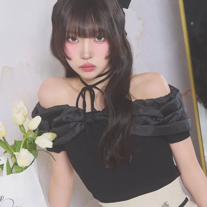 [BUNJANG] Michel Macaron Ribbon Off-Shoulder Short-Sleeve Knit Top / 미셸마카롱 리본 오프숄더 반팔 니트