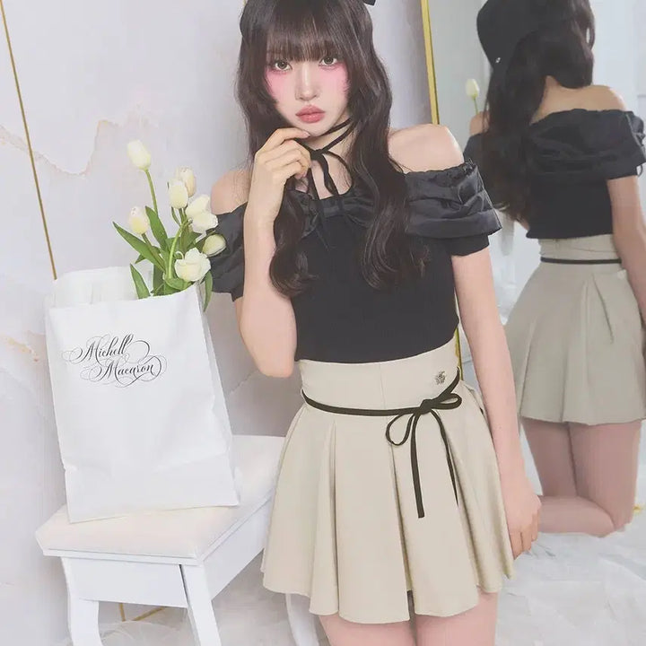[BUNJANG] Michel Macaron Ribbon Off-Shoulder Short-Sleeve Knit Top / 미셸마카롱 리본 오프숄더 반팔 니트