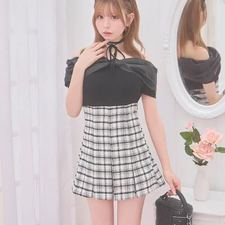 [BUNJANG] Michel Macaron Ribbon Off-Shoulder Short-Sleeve Knit Top / 미셸마카롱 리본 오프숄더 반팔 니트