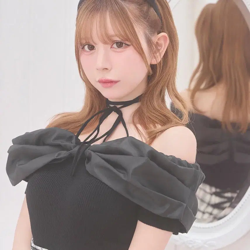 [BUNJANG] Michel Macaron Ribbon Off-Shoulder Short-Sleeve Knit Top / 미셸마카롱 리본 오프숄더 반팔 니트