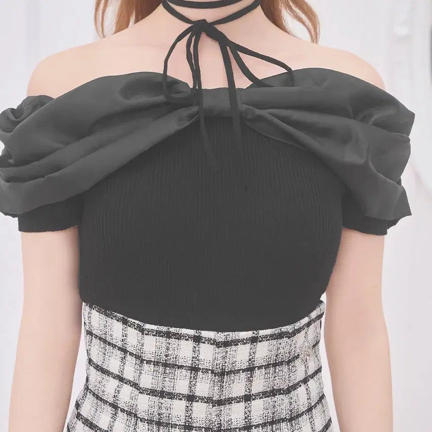 [BUNJANG] Michel Macaron Ribbon Off-Shoulder Short-Sleeve Knit Top / 미셸마카롱 리본 오프숄더 반팔 니트