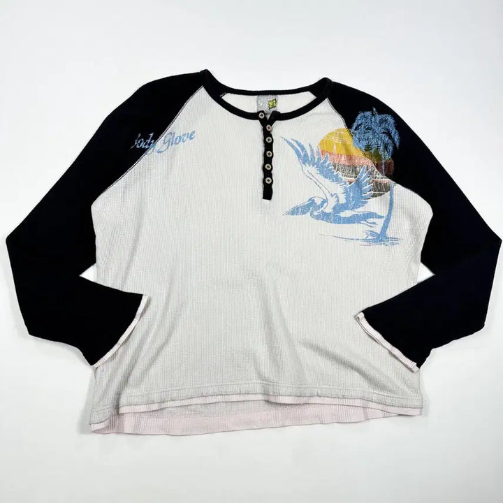 [BUNJANG] VTG Graphic Waffle Henley Neck Long Sleeve Top / (여성L) VTG 빈티지 그래픽 여성 와플 헨리넥 롱슬리브