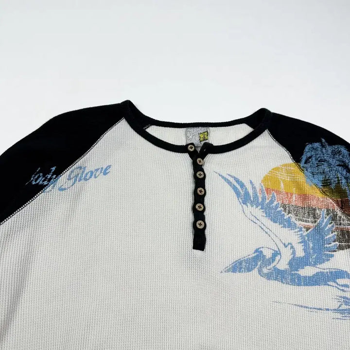 [BUNJANG] VTG Graphic Waffle Henley Neck Long Sleeve Top / (여성L) VTG 빈티지 그래픽 여성 와플 헨리넥 롱슬리브