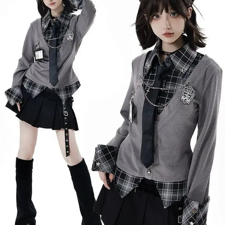 [BUNJANG] Academic Style Shirt and Skirt Set / 지뢰계 양산형 아카데믹 셔츠+스커트 셋업