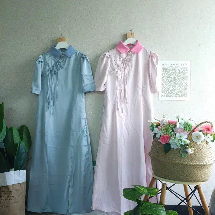 [BUNJANG] Unbranded Satin Long Dress Bundle Set / 카라 포인트 새틴 롱 원피스 1+1일괄 S M 새상품