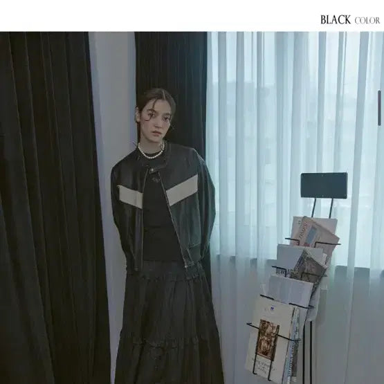 [BUNJANG] Place Studio Color Block Leather Blouson Jacket / 플레이스 스튜디오 배색 레더 블루종 자켓