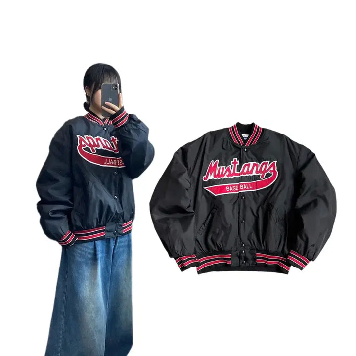 [BUNJANG] Holloway USA Mustang Satin Varsity Jacket / 할로웨이 USA 머스탱 베이스볼 사틴 바시티 점퍼 자켓