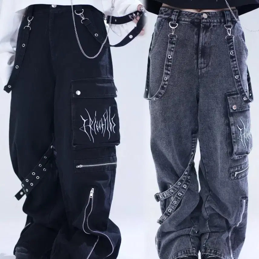 [BUNJANG] High Waist Denim Jeans / 지뢰계 스트랩 데님 팬츠 하이웨이스트 청바지(2컬러)