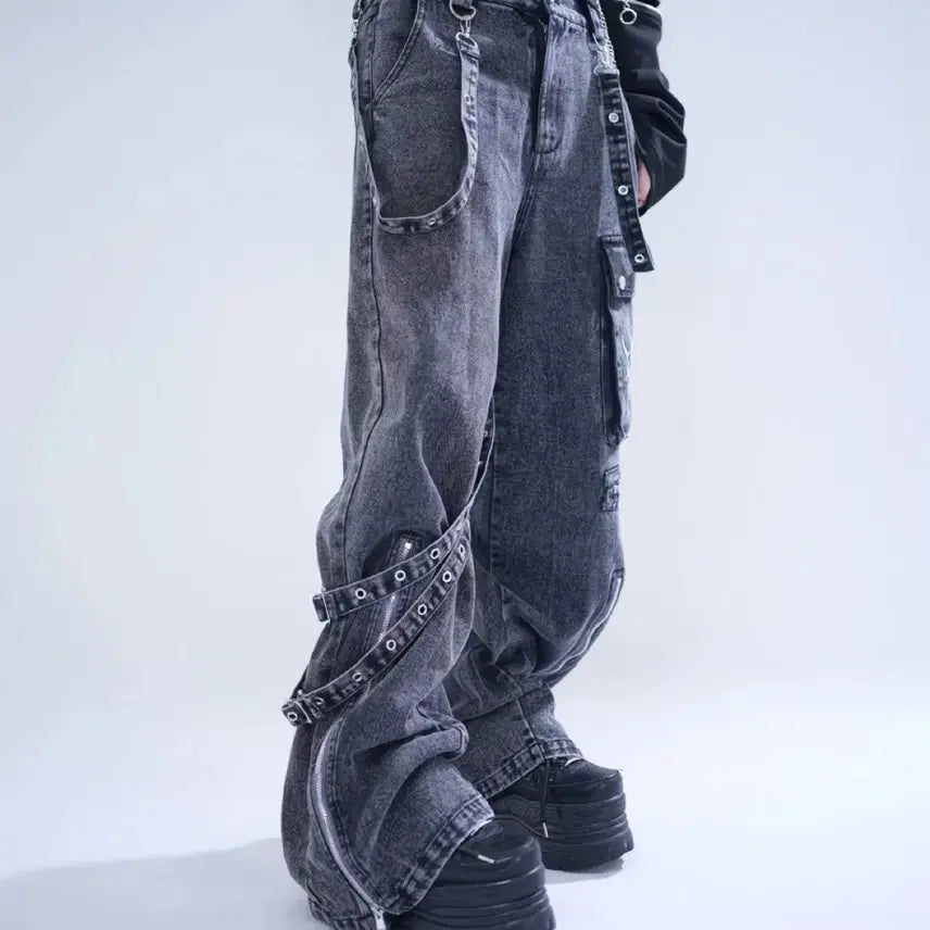 [BUNJANG] High Waist Denim Jeans / 지뢰계 스트랩 데님 팬츠 하이웨이스트 청바지(2컬러)