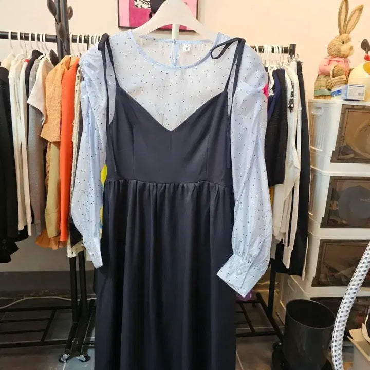 [BUNJANG] Blue Dot Blouse &amp; Black Long Dress Set / 블루 도트 블라우스  나시 롱원피스