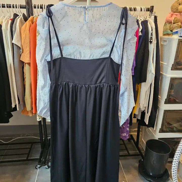 [BUNJANG] Blue Dot Blouse &amp; Black Long Dress Set / 블루 도트 블라우스  나시 롱원피스