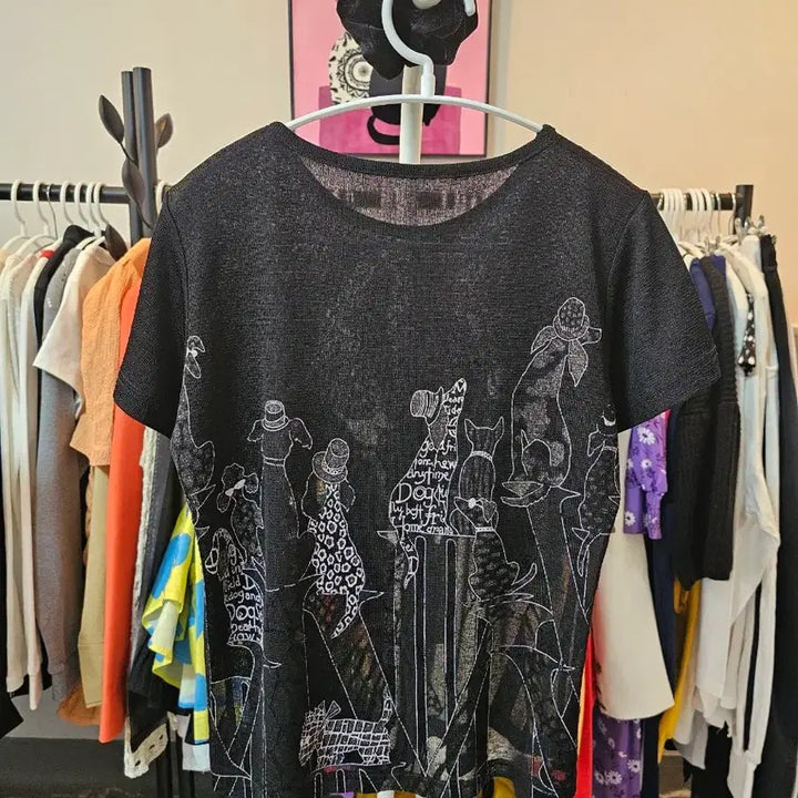 [BUNJANG] Black Dog Pattern Short Sleeve T-shirt / 블랙 강아지 패턴 반팔 티셔츠