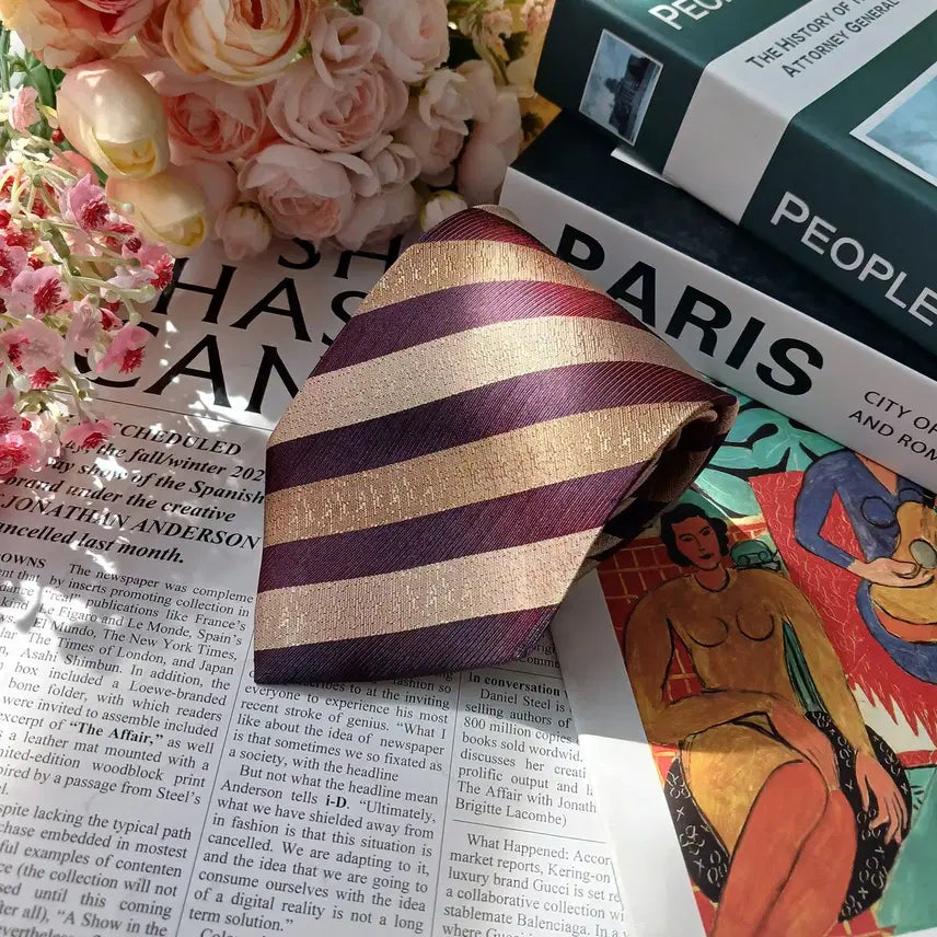 [BUNJANG] Sonia Rykiel Brown Burgundy Stripe Silk Tie / 소니아 리키엘 브라운 스트라이프 넥타이 9.5cm A+등급 E919
